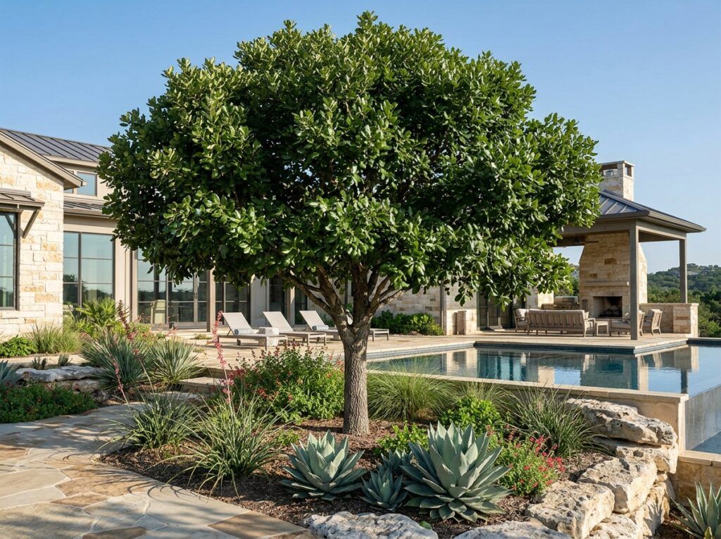 Monterrey Oak tree in a nursery container with dense green foliage and a slender trunk.