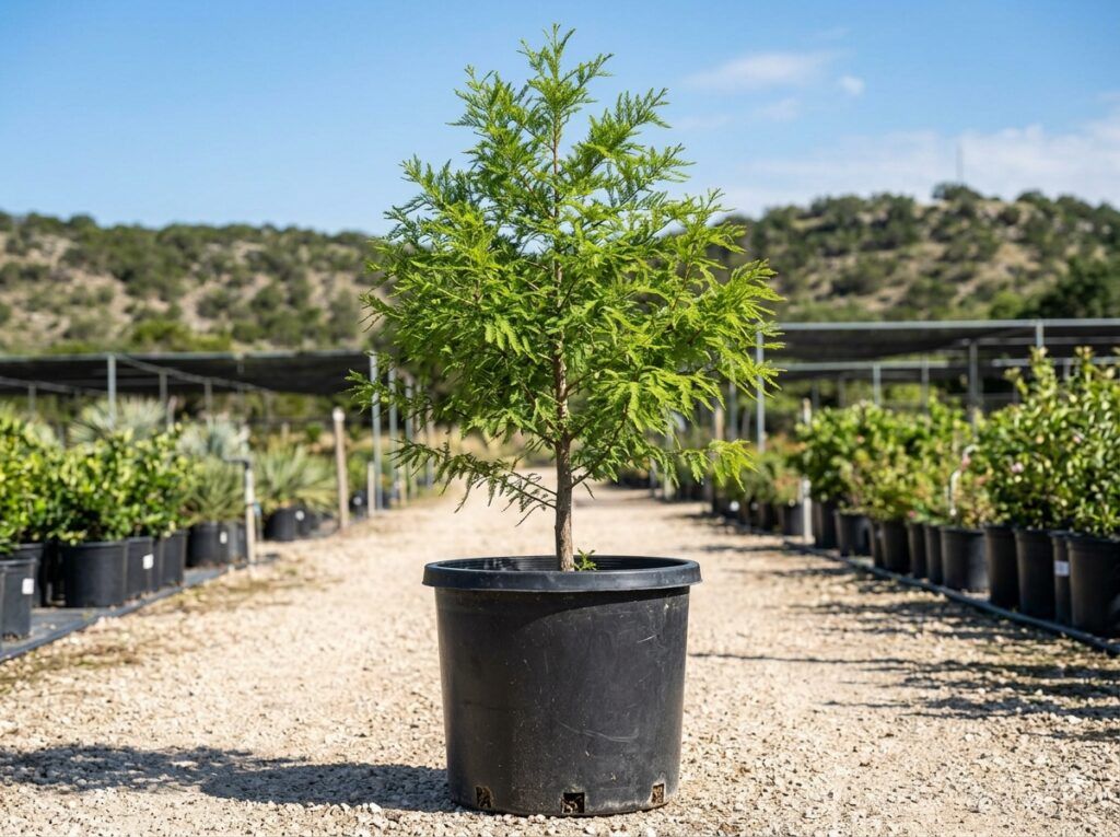 Montezuma Cypress tree in a black nursery pot with dense, feathery green foliage.
