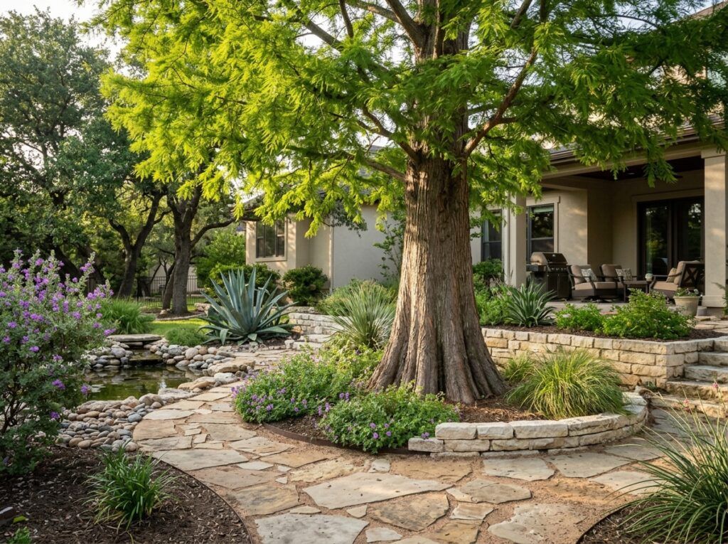 Montezuma Cypress tree in a black nursery pot with feathery green foliage and slender trunk.