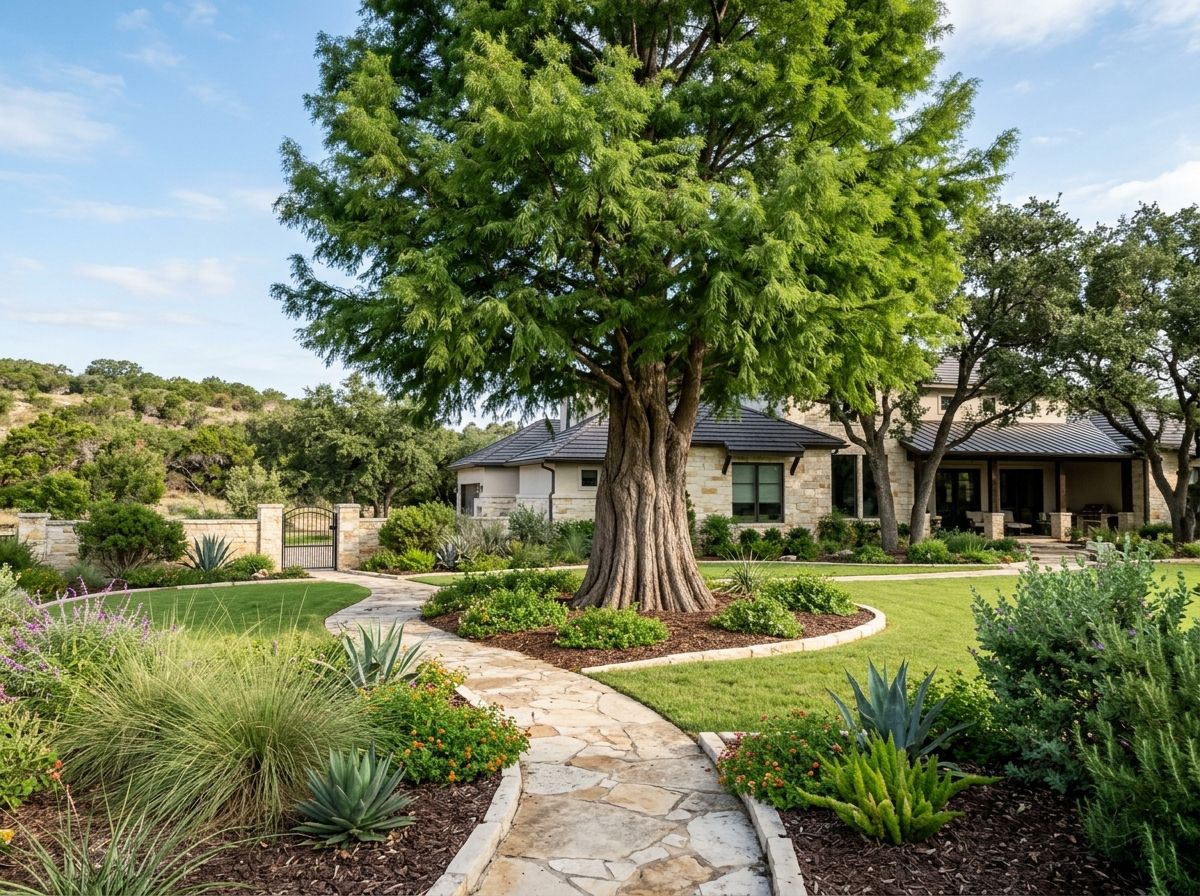 Montezuma Cypress tree with feathery green foliage and broad trunk in landscape.