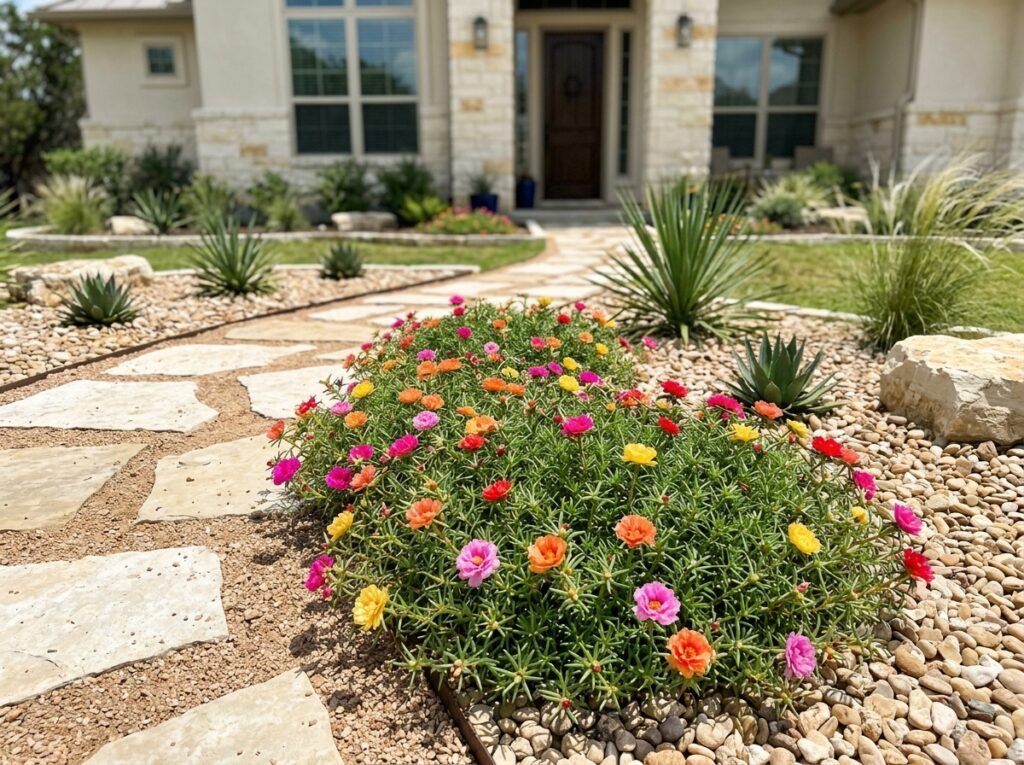 Moss Rose groundcover with bright pink blooms and succulent green foliage spilling over container.
