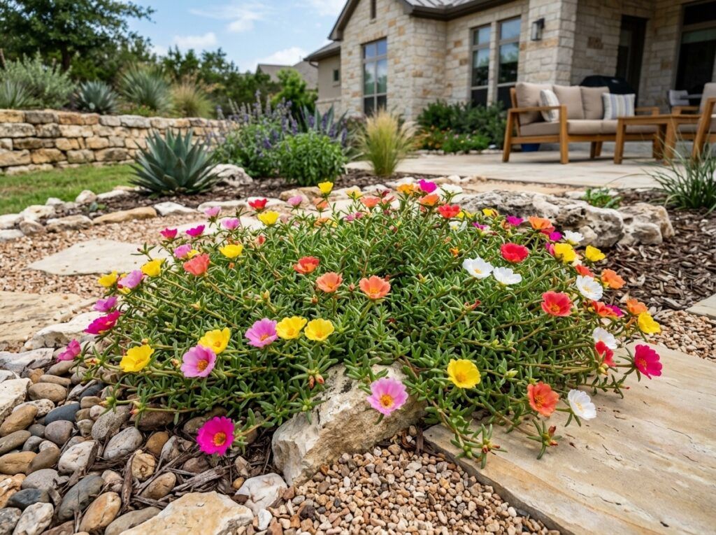 Moss Rose groundcover with bright pink blooms and succulent green foliage spilling over a container.