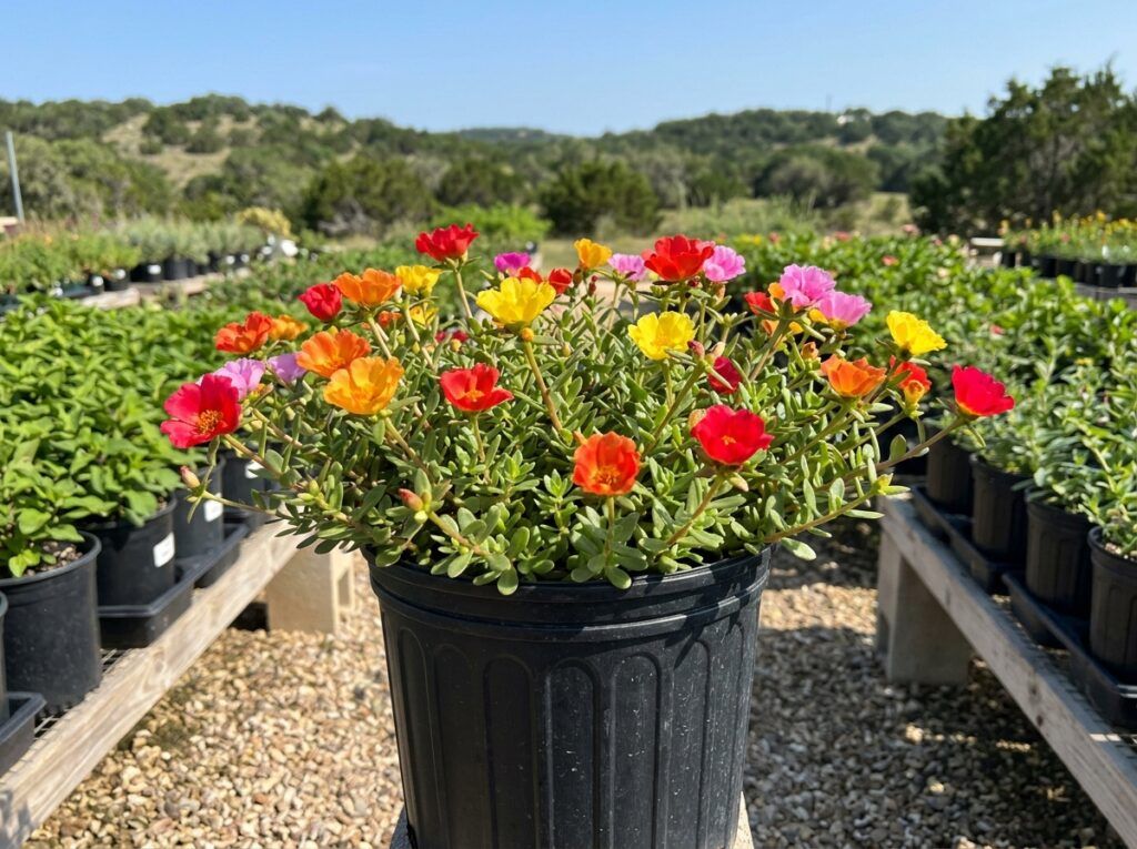 Moss Rose groundcover in a container, with bright pink blooms and succulent green foliage.