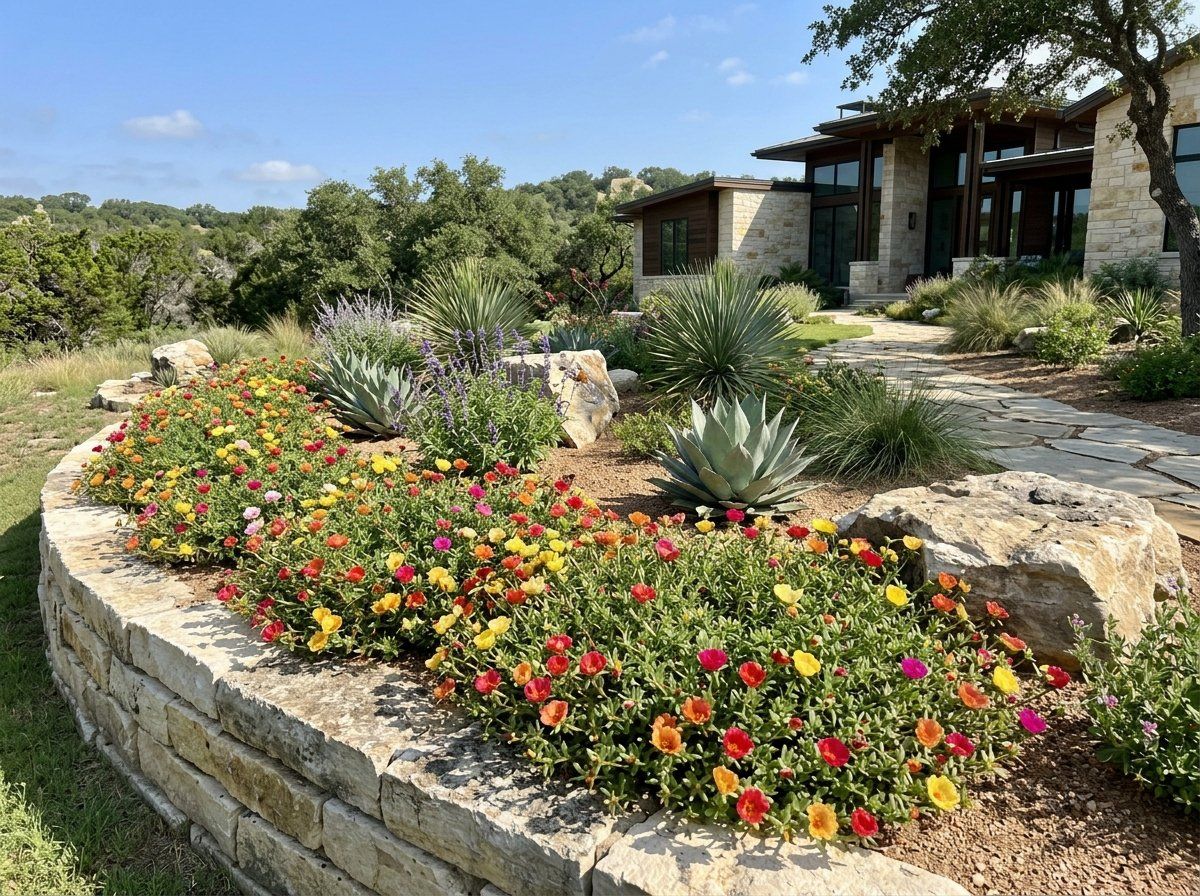 Moss Rose groundcover covered in colorful pink and yellow blooms atop dense, succulent green foliage.