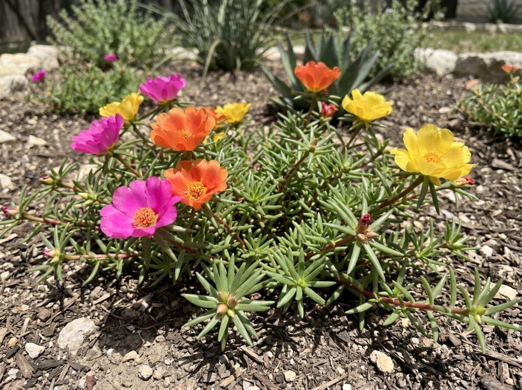 Moss Rose groundcover with vivid pink blooms and succulent green foliage spilling from a black nursery pot.
