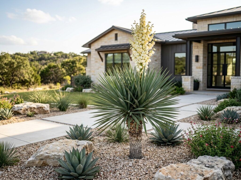 Mound Lily Yucca with blue-green spiky foliage forming a rounded mound in a nursery pot.
