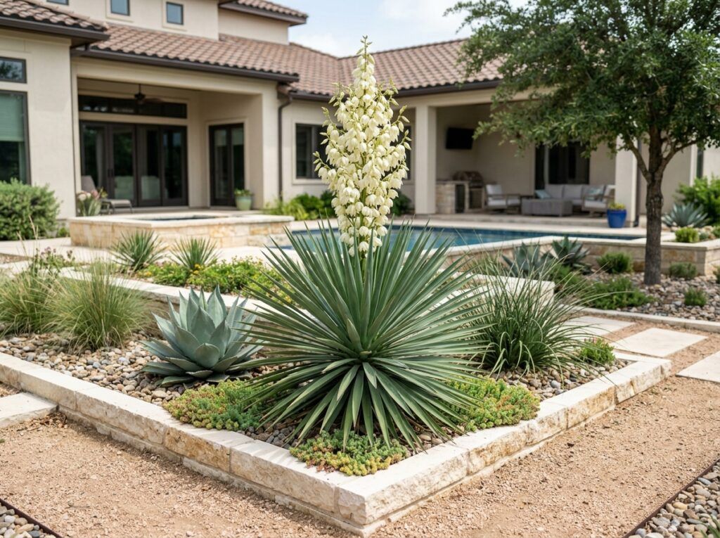 Mound Lily Yucca with a dense mound of blue-green, swordlike leaves growing in a nursery pot.
