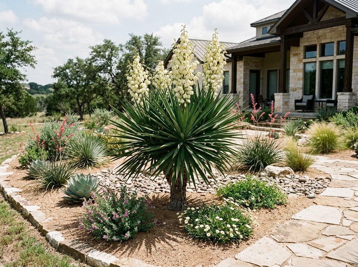 Mound Lily Yucca with dense rosette of narrow green, sword-like leaves forming a rounded mound.