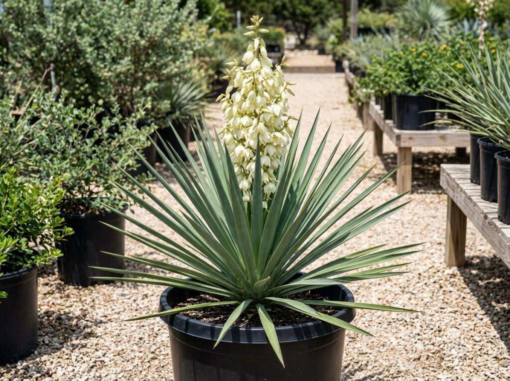 Mound Lily Yucca in a nursery pot with a dense rosette of spiky blue-green leaves.