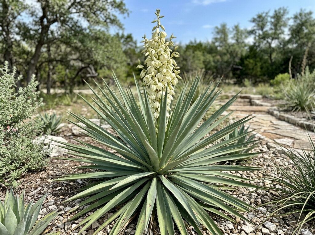 Mound Lily Yucca perennial with spiky blue-green leaves forming a dense mound in a nursery pot.