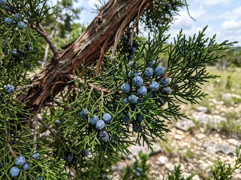 Mountain Cedar tree with dense green foliage and conical form, shown in a nursery container