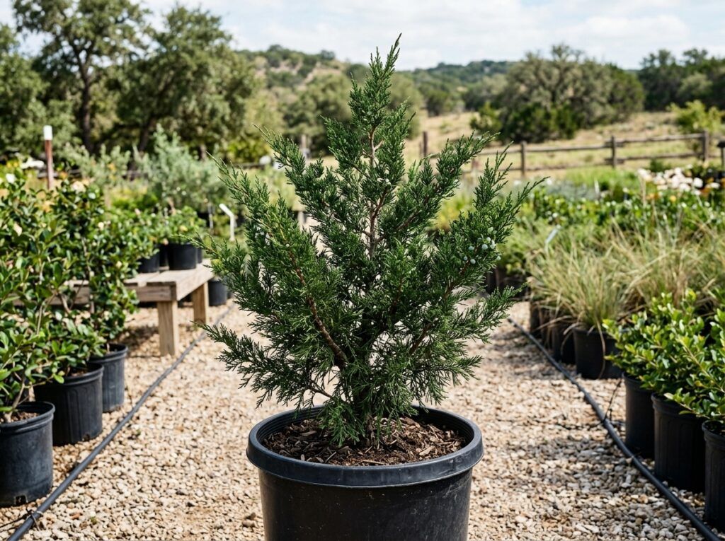 Mountain Cedar tree with dense green foliage in a nursery container against a white background