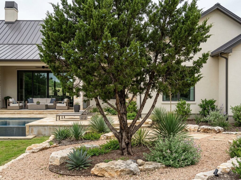 Mountain Cedar tree with dense green foliage in a nursery container, shown as a small upright specimen against a light background