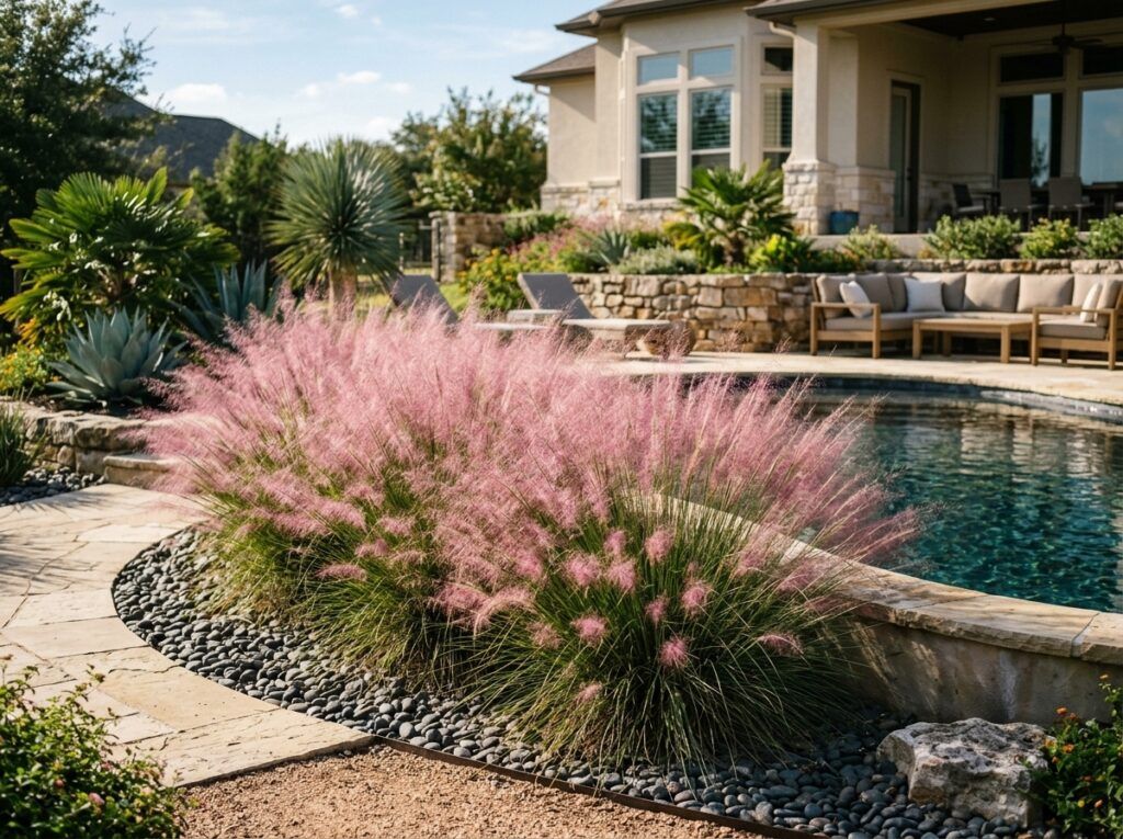 Muhly Grass in a black nursery pot with arching green blades and airy pink-purple flower plumes.