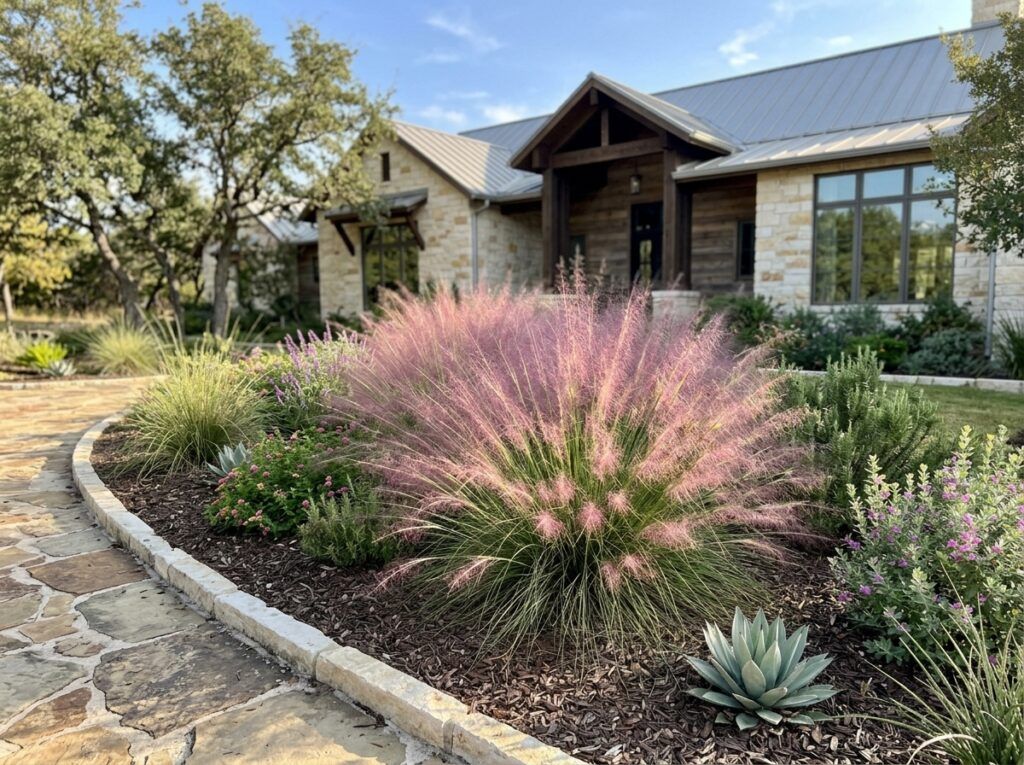 Muhly Grass ornamental grass in a container, showing fine green foliage in a dense clump.