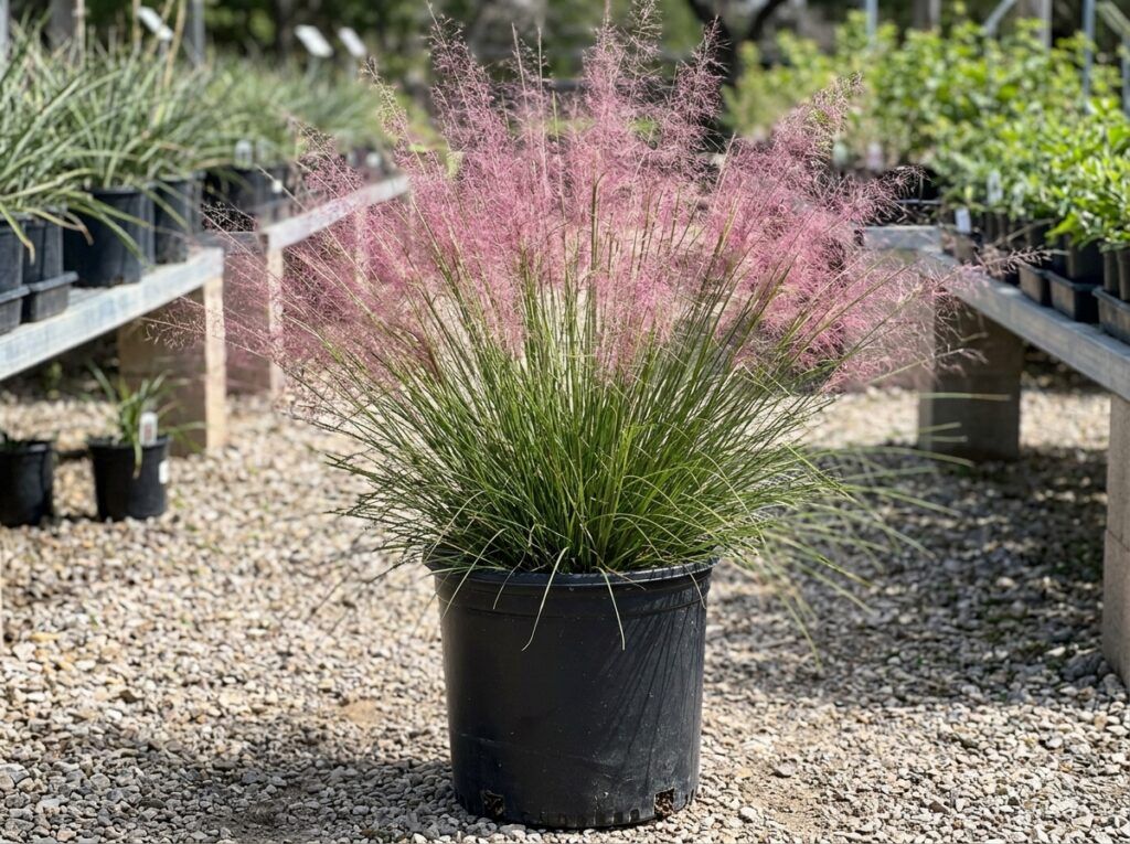 Muhly Grass in a nursery pot, showing a dense clump of fine green blades topped with airy pink flower plumes.