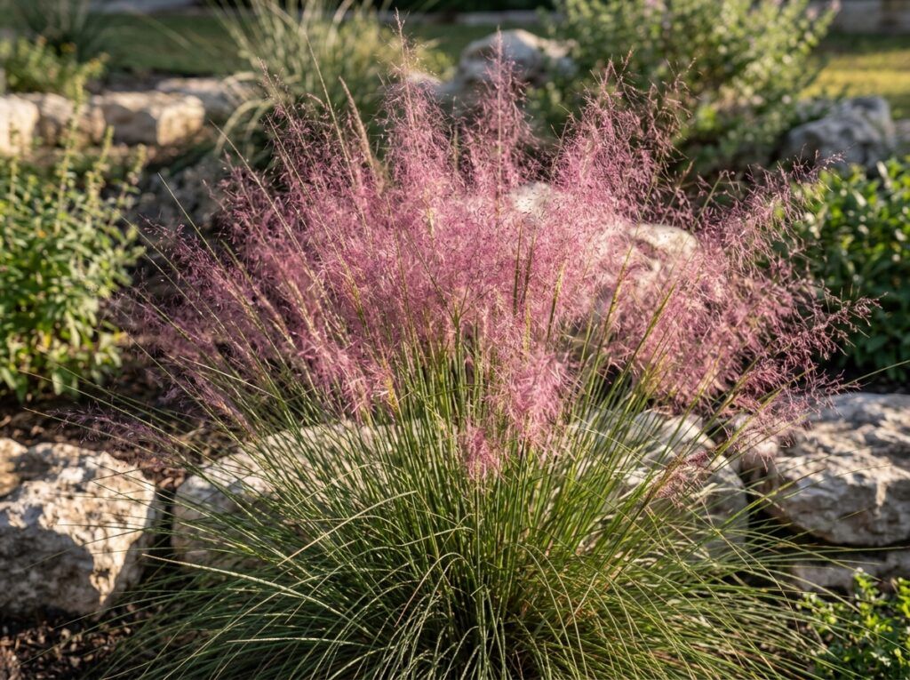 Muhly Grass perennial in a nursery container, with arching green blades and fluffy pink flower plumes.