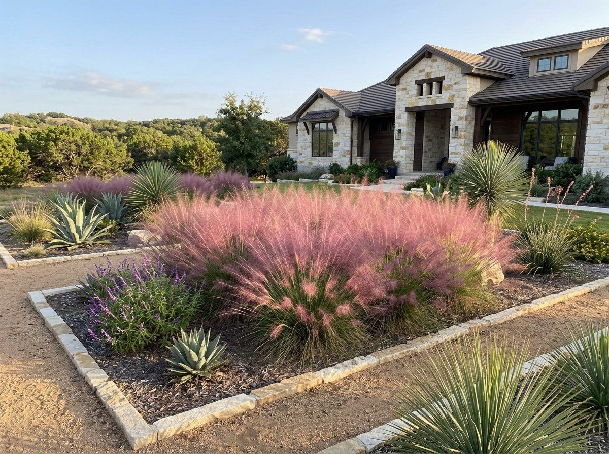 Muhly Grass perennial forming a rounded green clump topped with airy pink flower plumes.