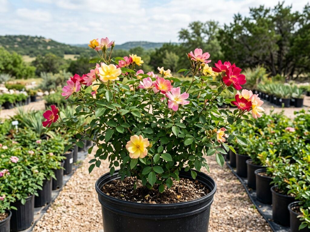 Mutabilis Rose shrub in a black nursery pot with glossy green foliage and pink-to-yellow blooms.