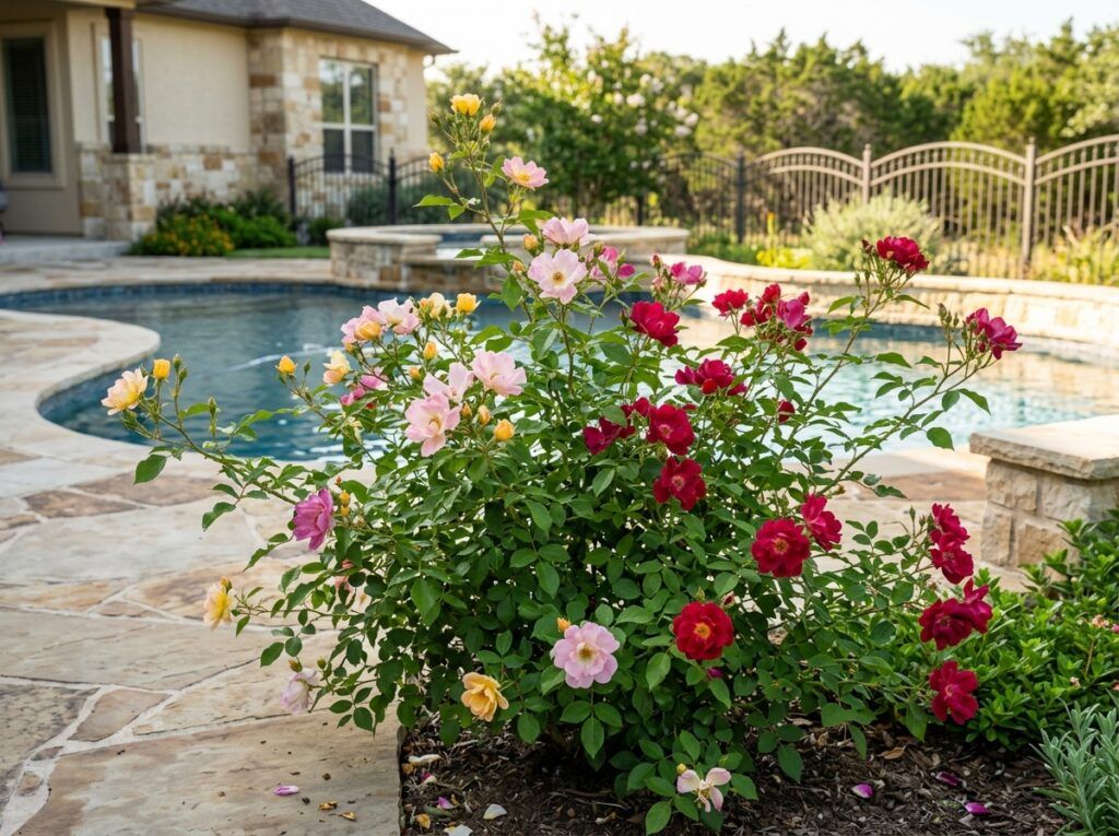Mutabilis Rose shrub with single pink and yellow blooms and glossy green foliage in a nursery pot.