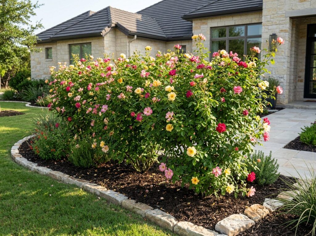Mutabilis Rose shrub with pink and yellow blooms and glossy green foliage in a nursery container.