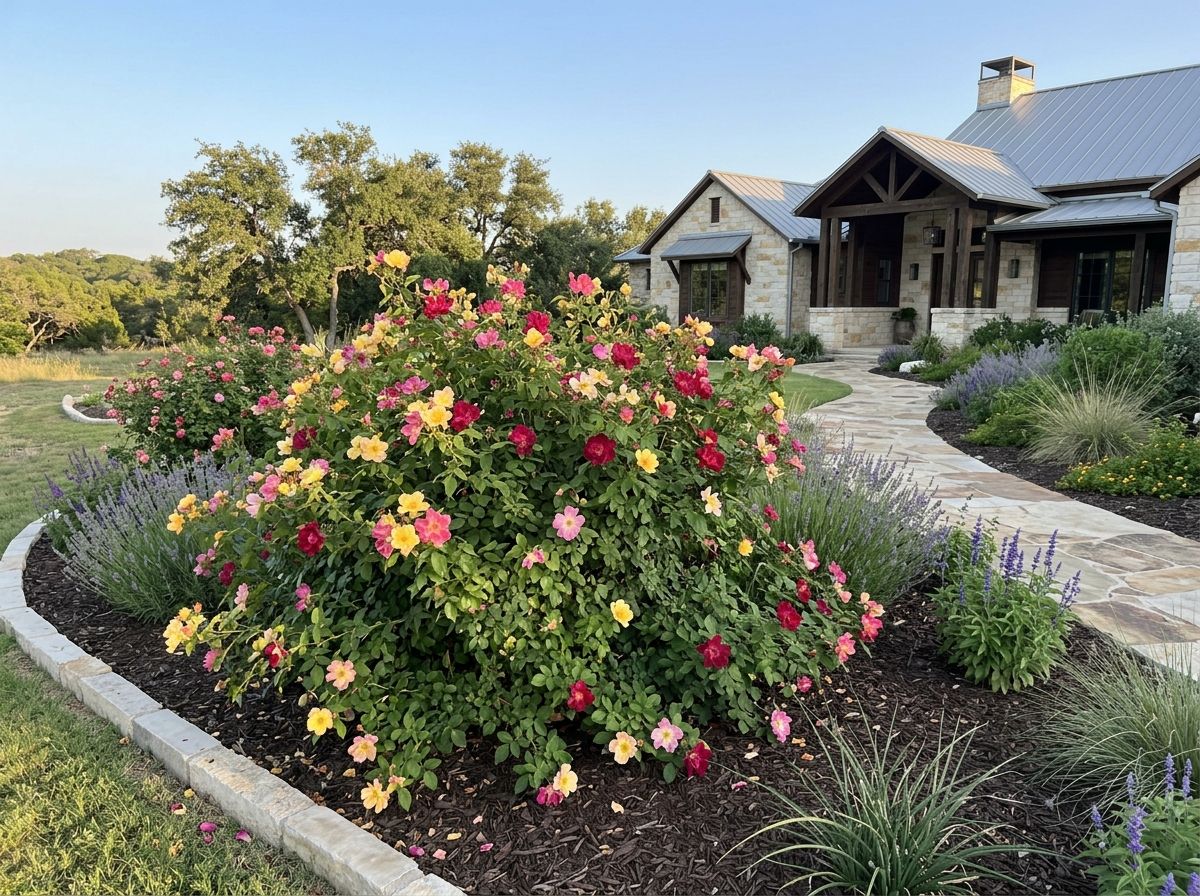 Mutabilis Rose shrub with clusters of pink, yellow, and red single blooms and glossy green foliage.
