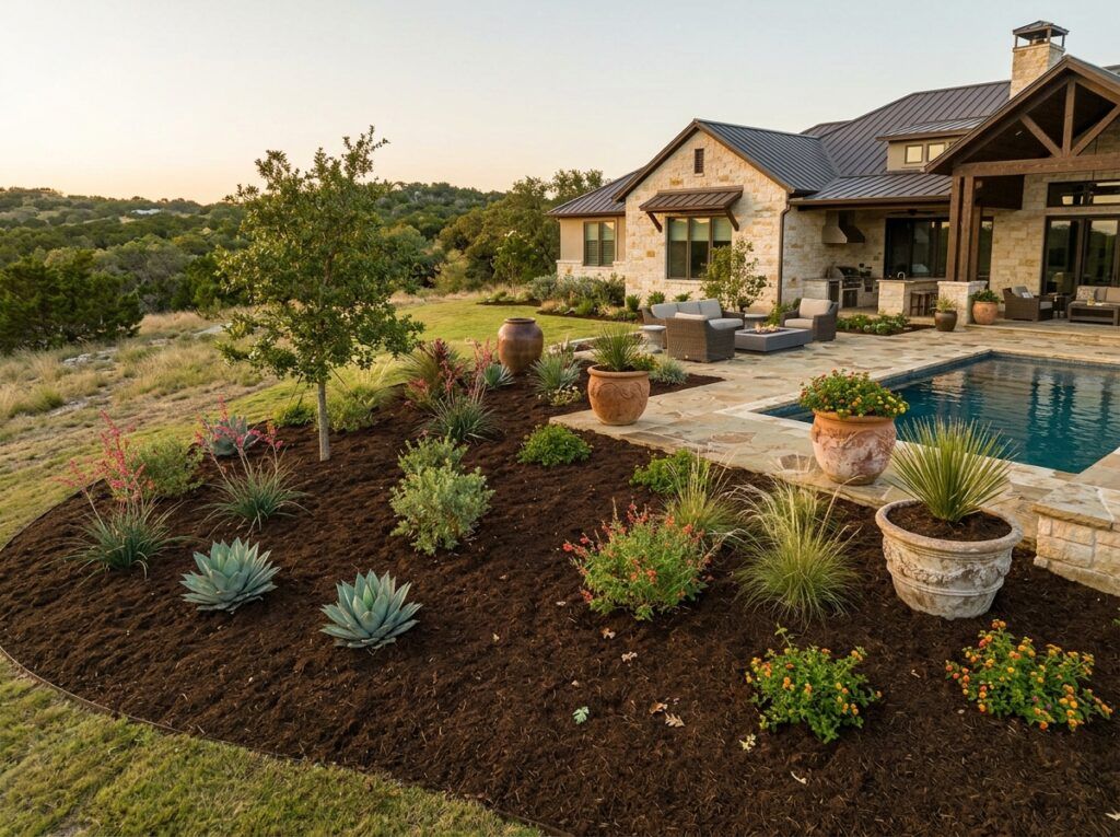 Native Mulch Double Shredded mulch ground cover spread in a landscape bed with rich brown shredded texture.