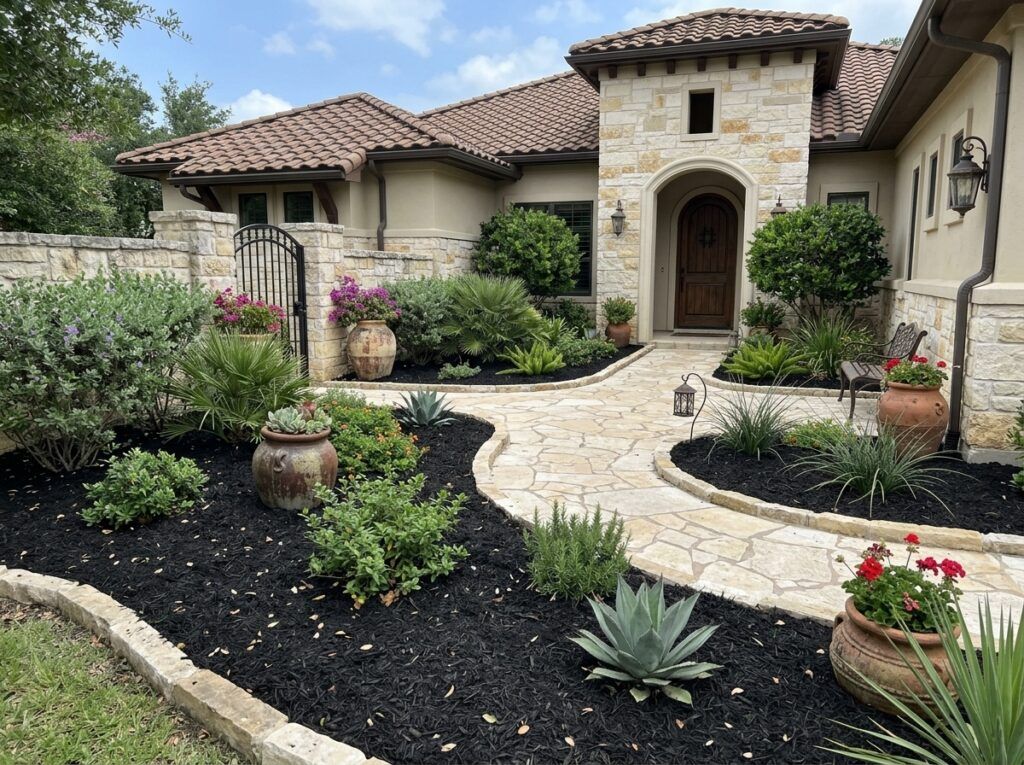 Native Mulch Double Shredded mulch ground cover spread in a smooth brown layer around shrubs and edging.