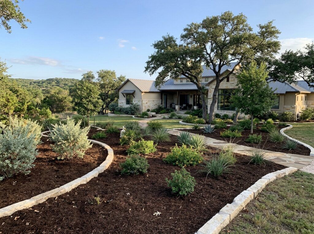 Native Mulch Double Shredded mulch ground cover spread in a dark brown layer around landscape plants.