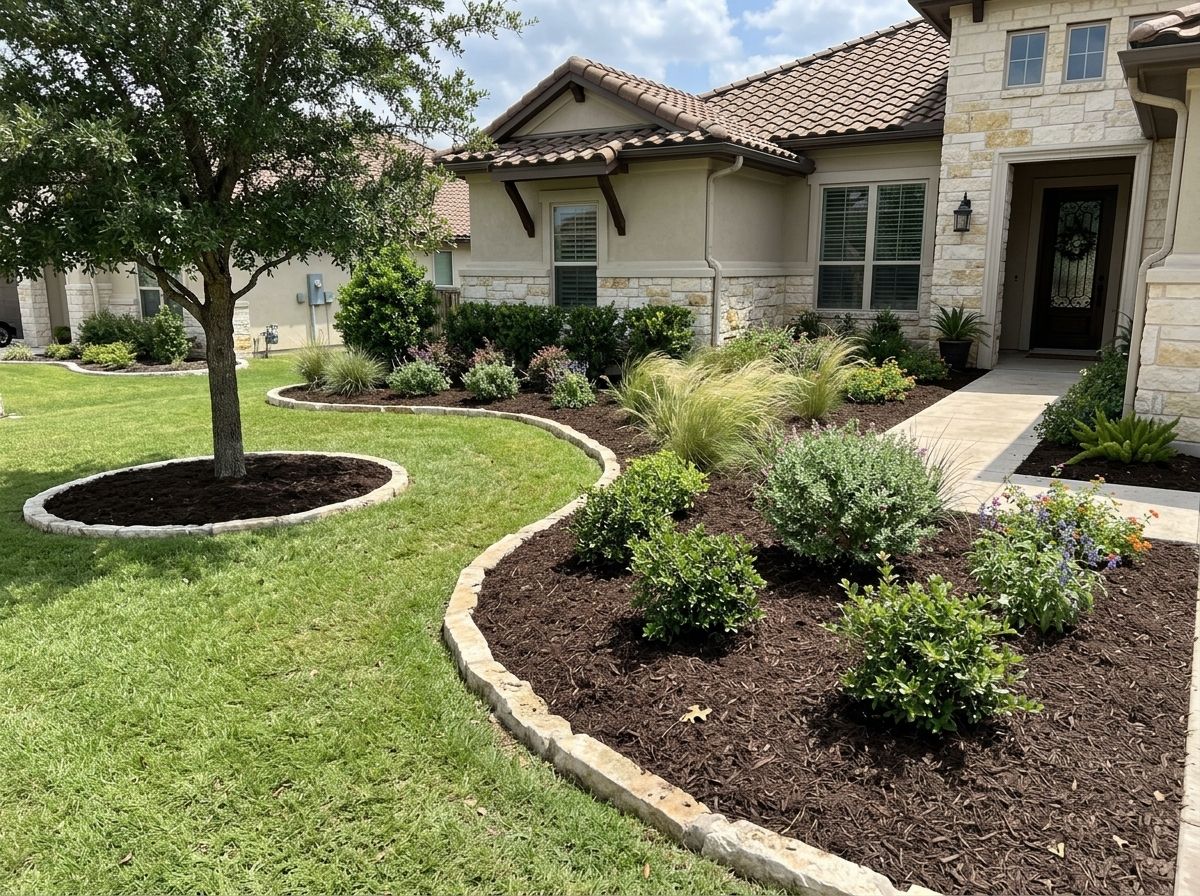 Native Mulch Double Shredded mulch ground cover spread in a rich brown layer around landscape plants.