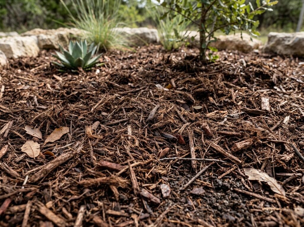 Native Mulch Double Shredded mulch ground cover in rich brown shredded pieces spread over a landscape bed.