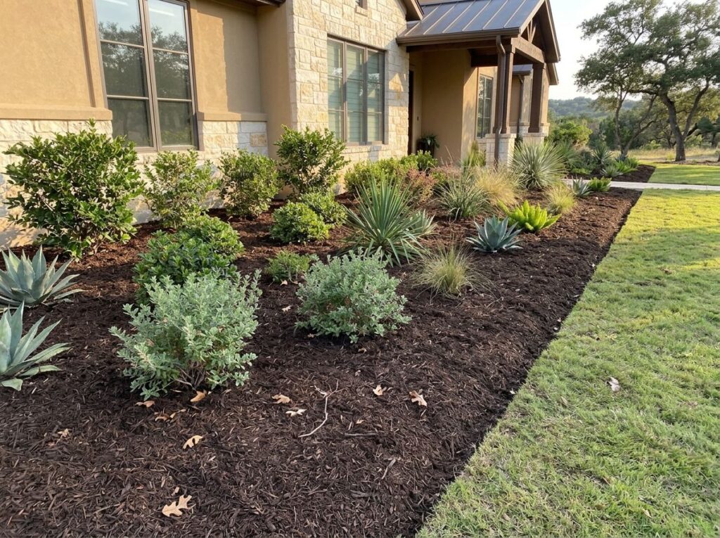 Native Mulch Double Shredded ground cover spread in a rich brown layer with fine shredded texture.