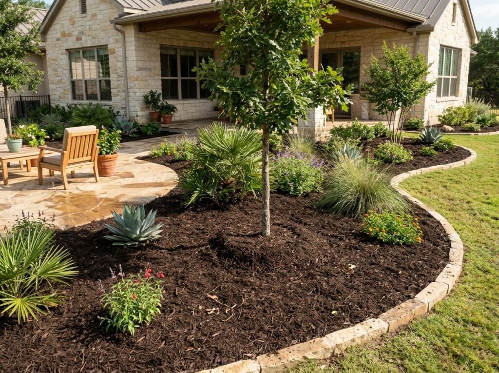 Native Mulch Double Shredded mulch ground cover in rich brown, finely shredded pieces spread in an even layer.