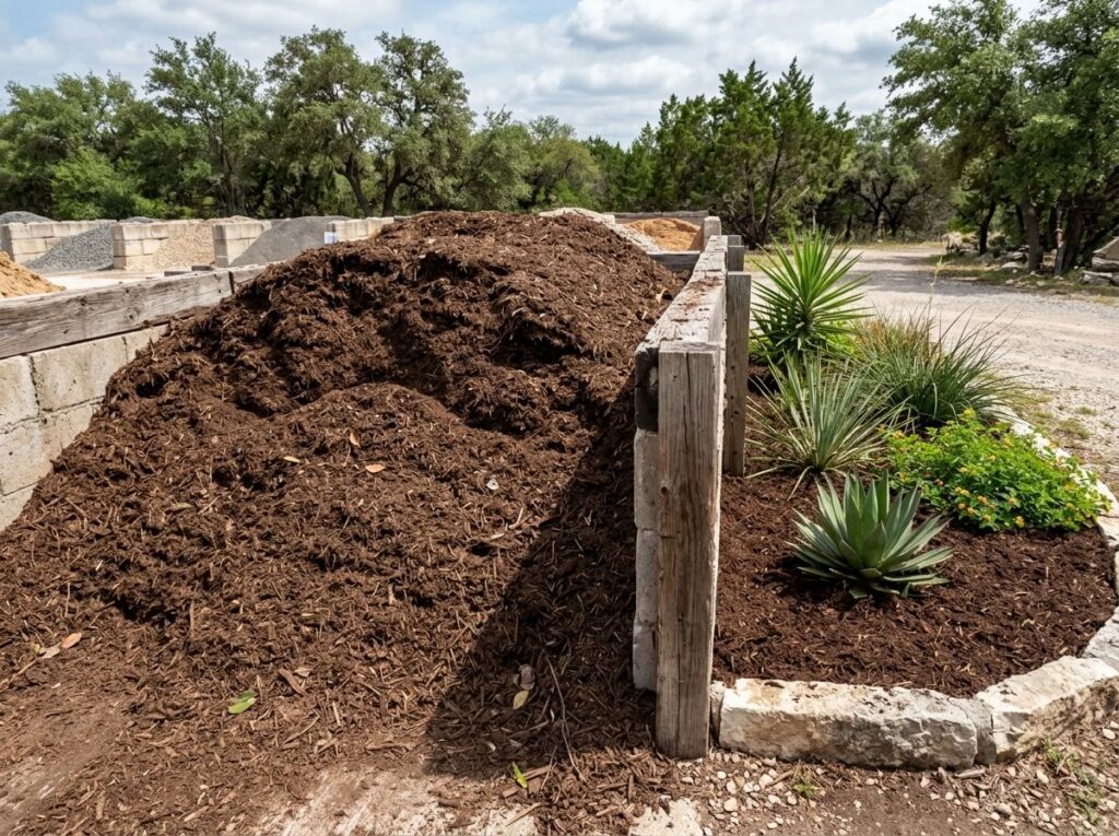 Native Mulch Double Shredded mulch ground cover in rich brown, finely shredded pieces spread over soil.