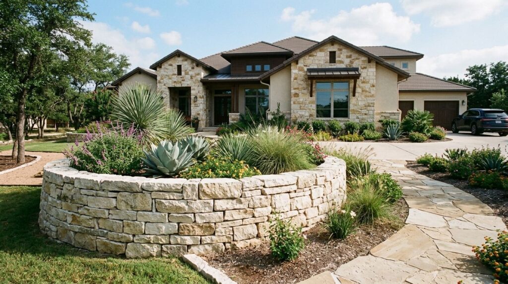 Completed natural stone landscape installation with boulder accents, stone edging, and drought-tolerant plants