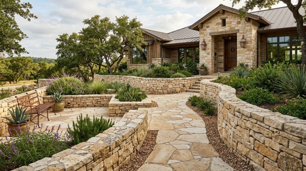 Completed natural stone landscape installation with stacked stone edging, planting beds, and mulch