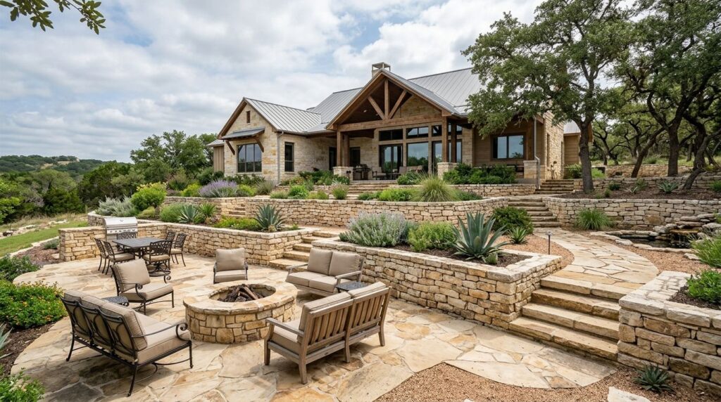 Completed natural stone landscape with stone patio, rock border, and drought-tolerant plants