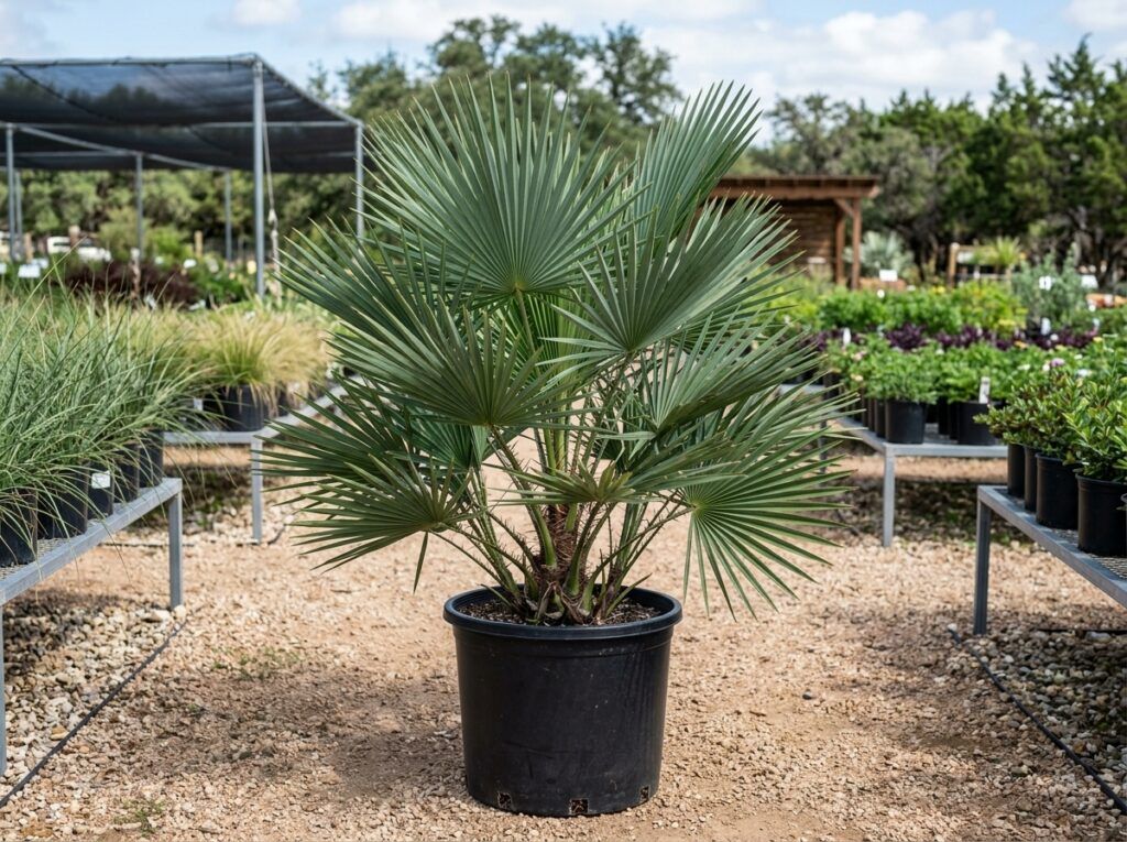 Needle Palm palm with arching fan-shaped green fronds growing in a black nursery container.