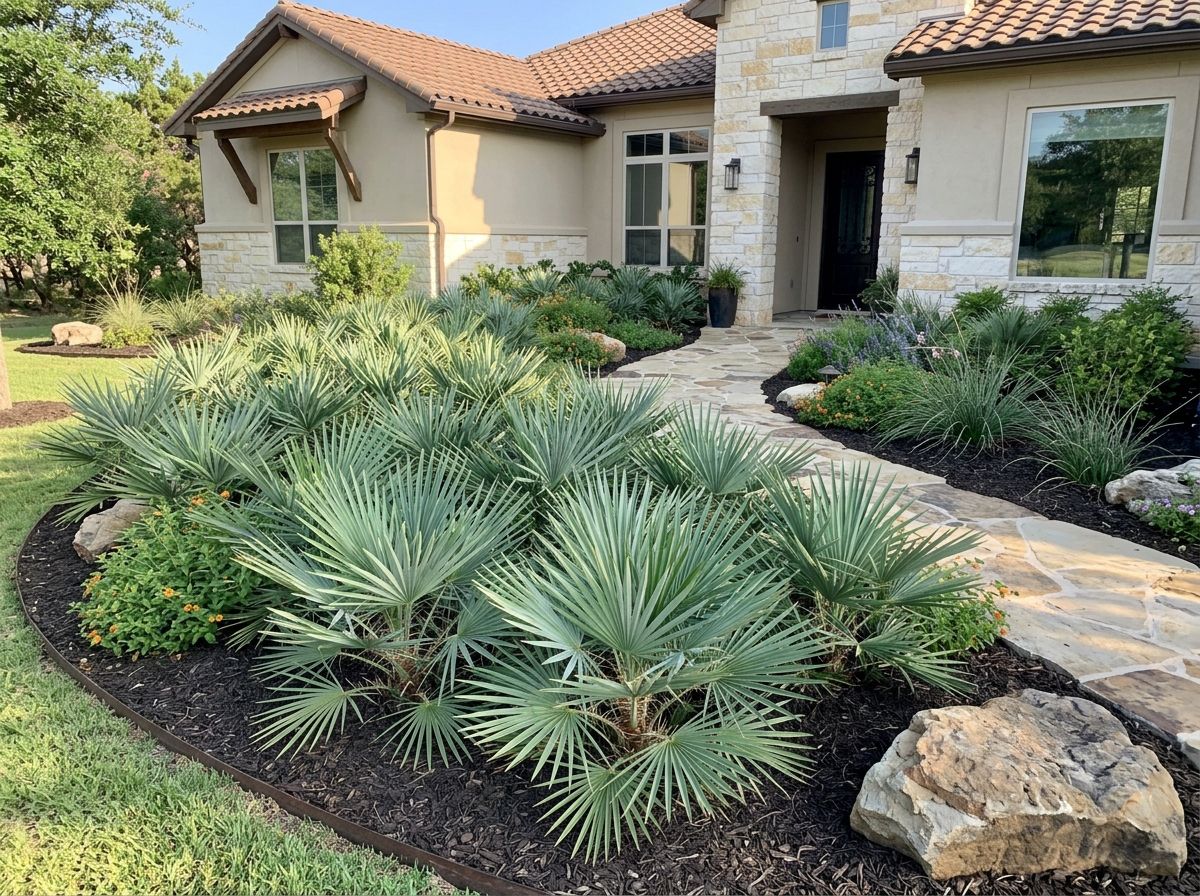 Needle Palm palm with dense clumping fan-shaped green fronds growing in a landscape bed.