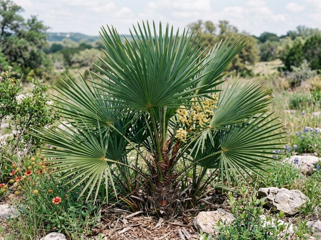 Needle Palm palm with dense green fan-shaped fronds growing in a nursery container.