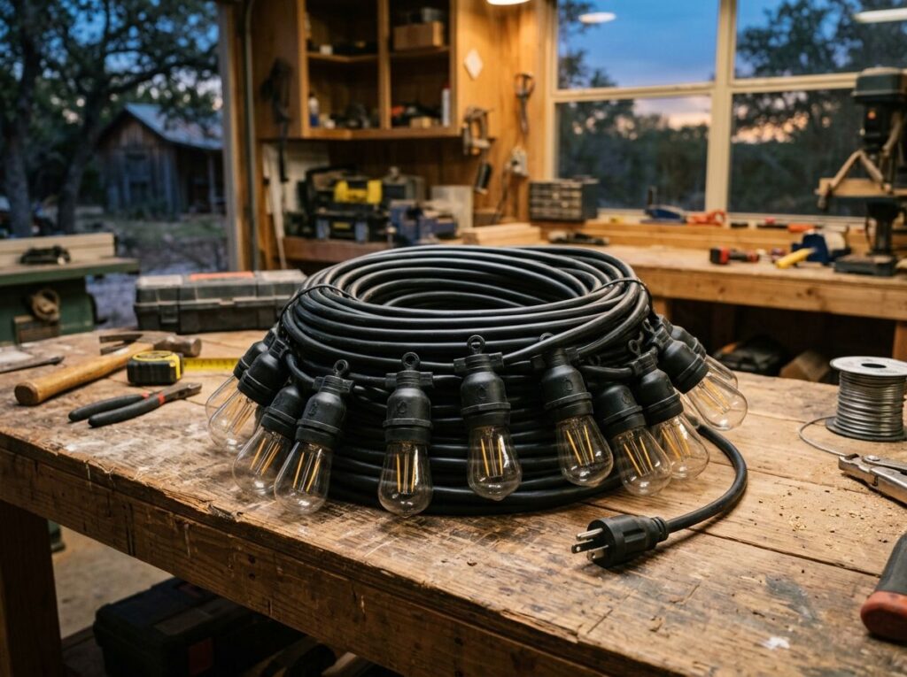 Outdoor String Lights landscape lighting with clear globe bulbs on black cord draped between posts at night.