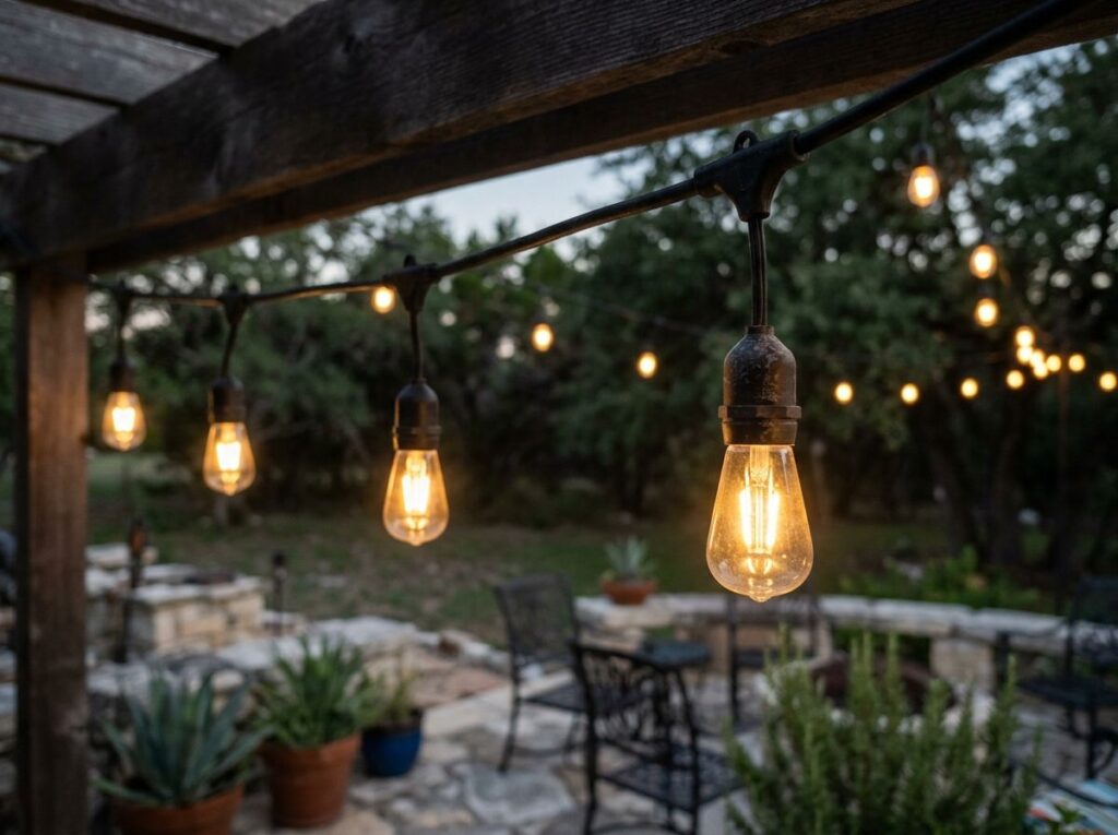 Outdoor String Lights string lights hanging over a patio, warm bulbs on a black cord for landscape lighting.