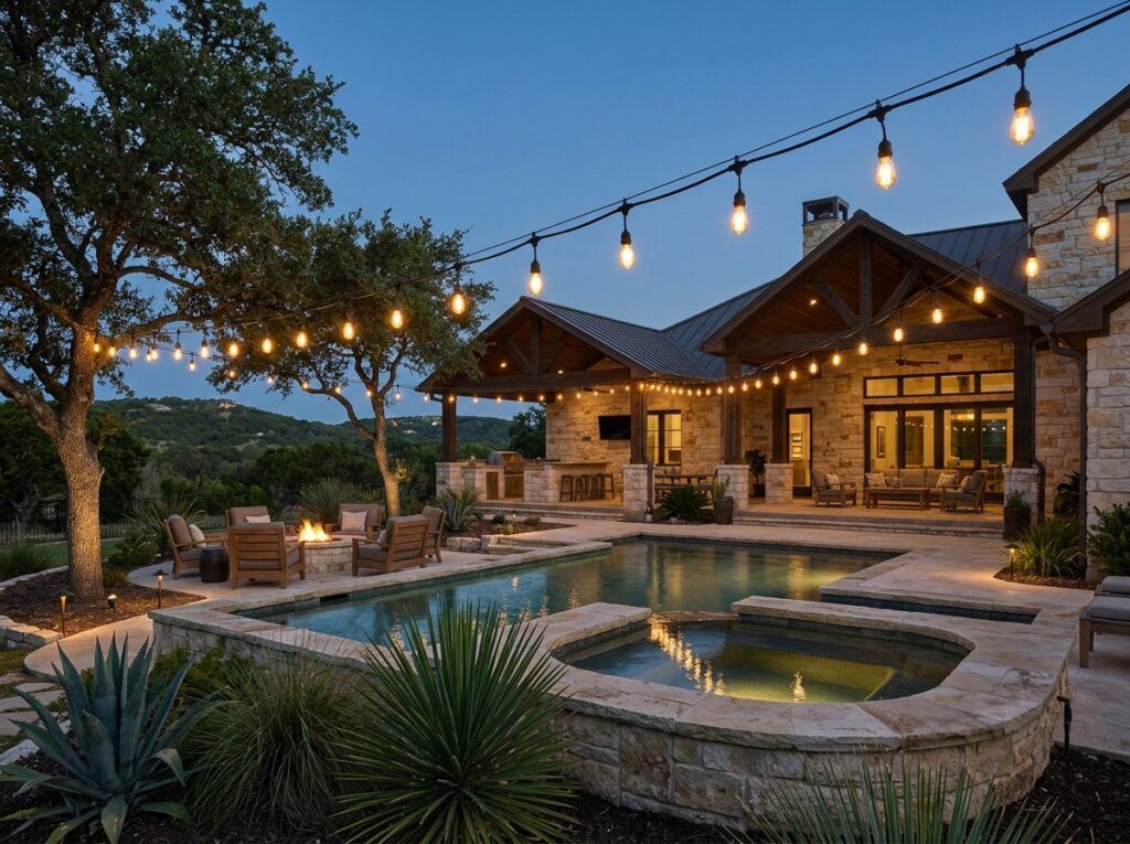Outdoor String Lights hanging overhead across patio, warm bulbs creating ambient landscape lighting at night.