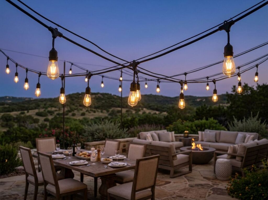 Outdoor String Lights landscape lighting hung overhead on a patio, black cable with warm bulbs glowing.