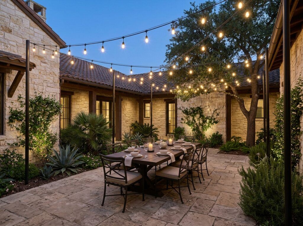 Outdoor String Lights installed overhead between posts, warm bulbs illuminating a patio for string lights landscape lighting.