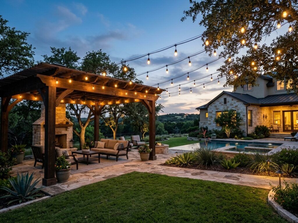 Outdoor String Lights landscape lighting strung above patio on black cable between posts, warm bulbs glowing.