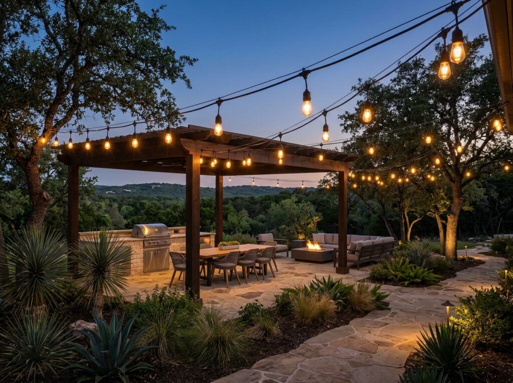 Outdoor String Lights landscape lighting strung overhead on a patio, warm clear bulbs hanging in a gentle arc between trees.