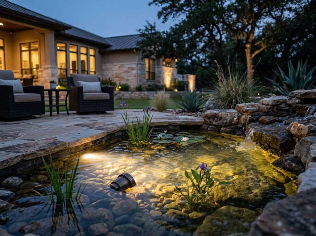 Outdoor String Lights for landscape lighting, warm bistro bulbs on a black cord strung overhead between patio posts.
