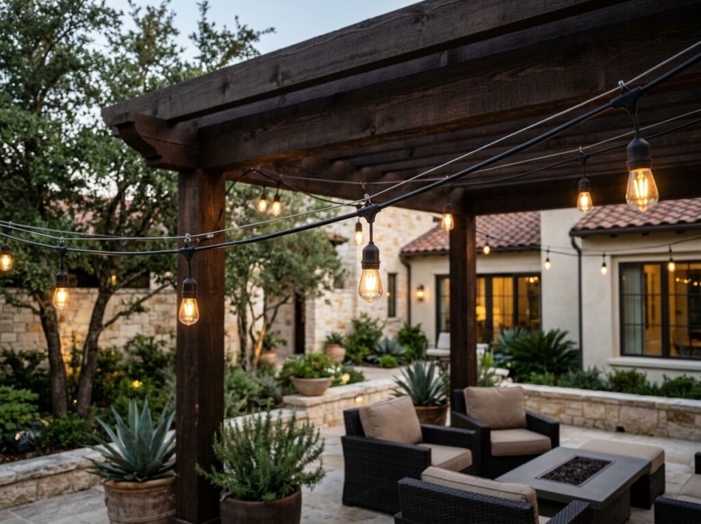 Outdoor String Lights for landscape lighting, warm bistro bulbs on a black cord strung overhead between patio posts.
