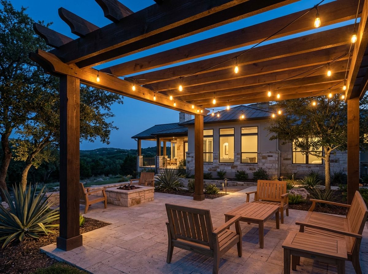 Outdoor String Lights landscape lighting strung overhead between posts, warm bulbs lighting a backyard patio.